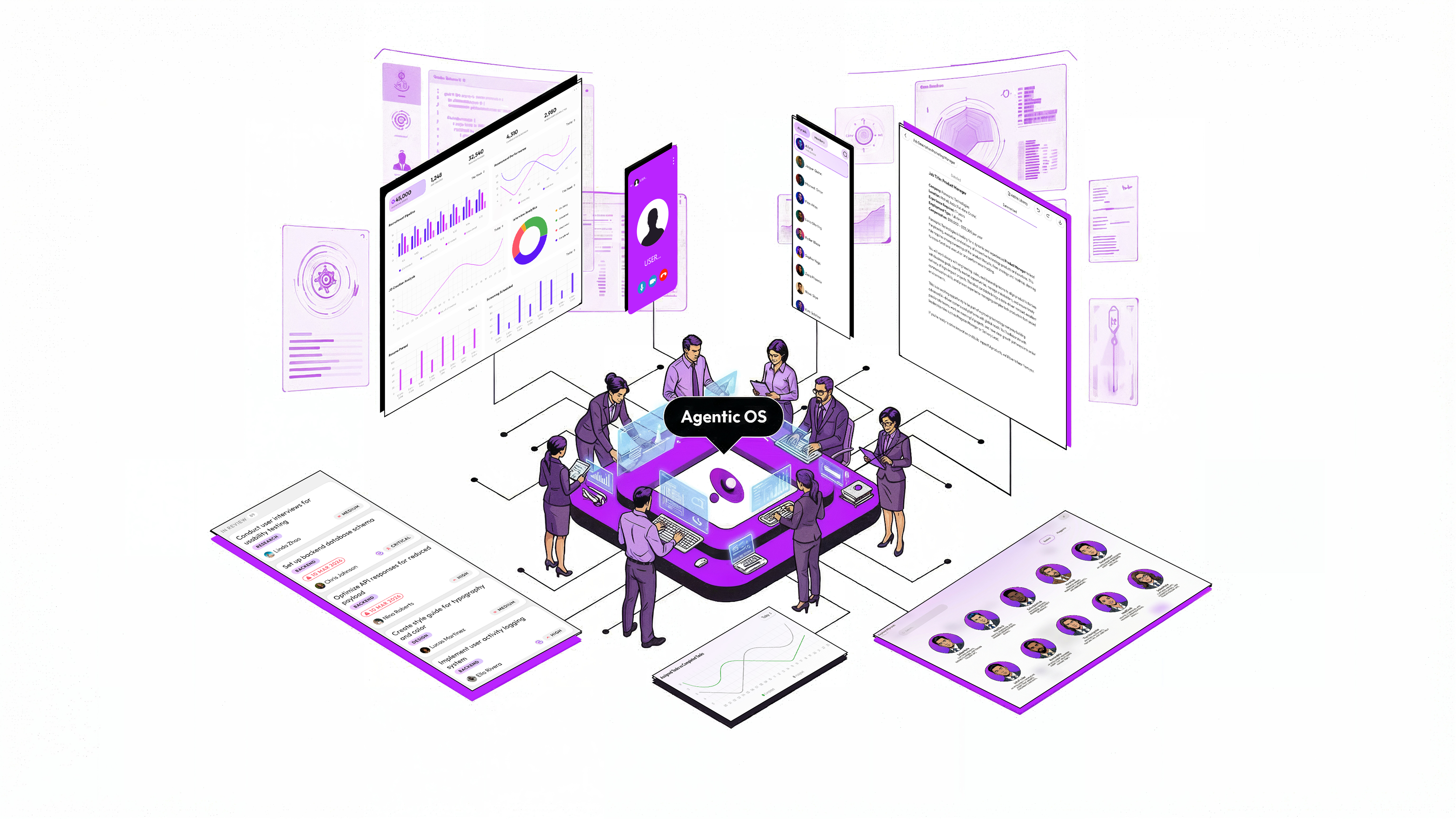 Isometric illustration of people collaborating within the Agentic OS ecosystem, with data dashboards, task lists, and communication interfaces in purple and white